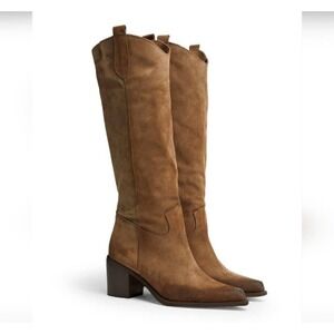 8 by Yoox Western Fashion Tall boot Warm Brown Suede Pointed Toe Block Heel, 7.5